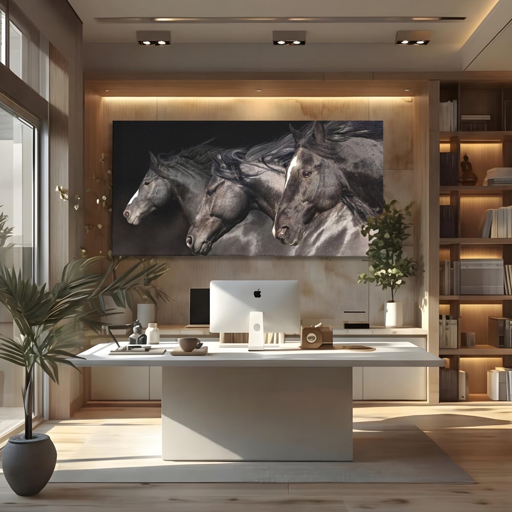 Tablou canvas cu tablou canvas cu trei cai negri in galop, fara rama, pe sasiu de lemn, pe perete intr-un birou